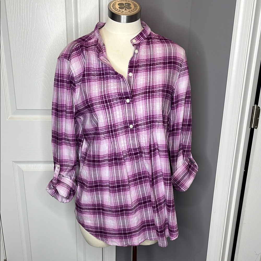 Lands End Purple and White 3/4 Sleeve Button Down Shirt